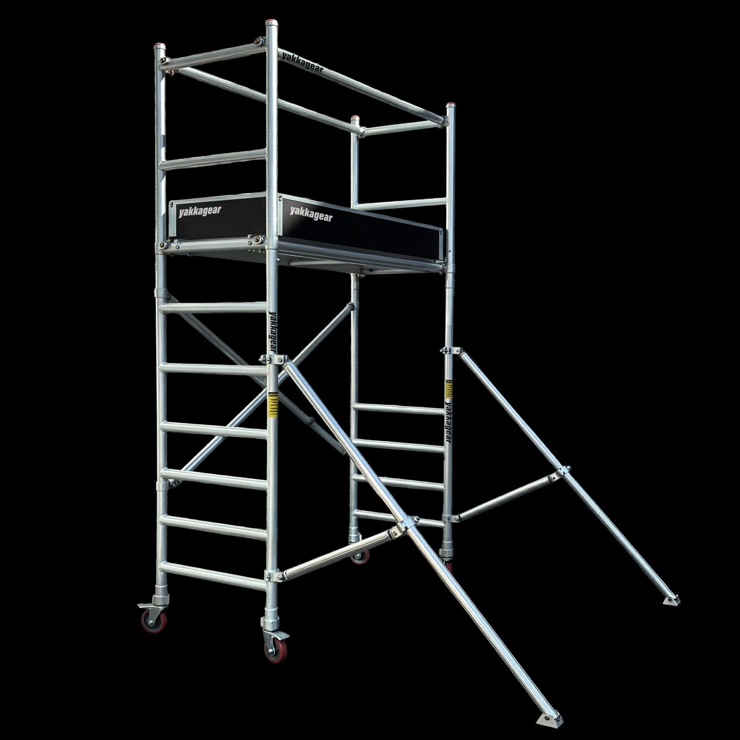 Yakka Gear Australia aluminium mobile scaffold with 4m reachability, 2m platform height, 0.7m wide x 1.7m long platform, guard rails, outriggers and lockable wheels for safer elevated access.