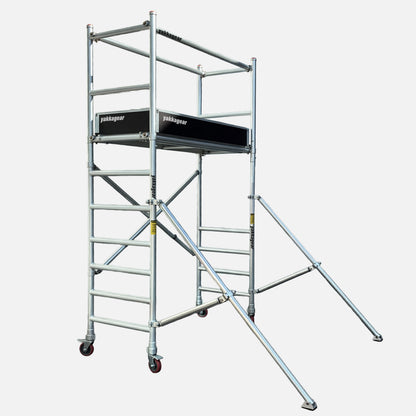 Yakka Gear Australia 4m reach aluminium scaffold tower with 2m working platform height, 0.7m wide x 1.7m long deck, guard rails, stabilising outriggers and portable lockable wheels.