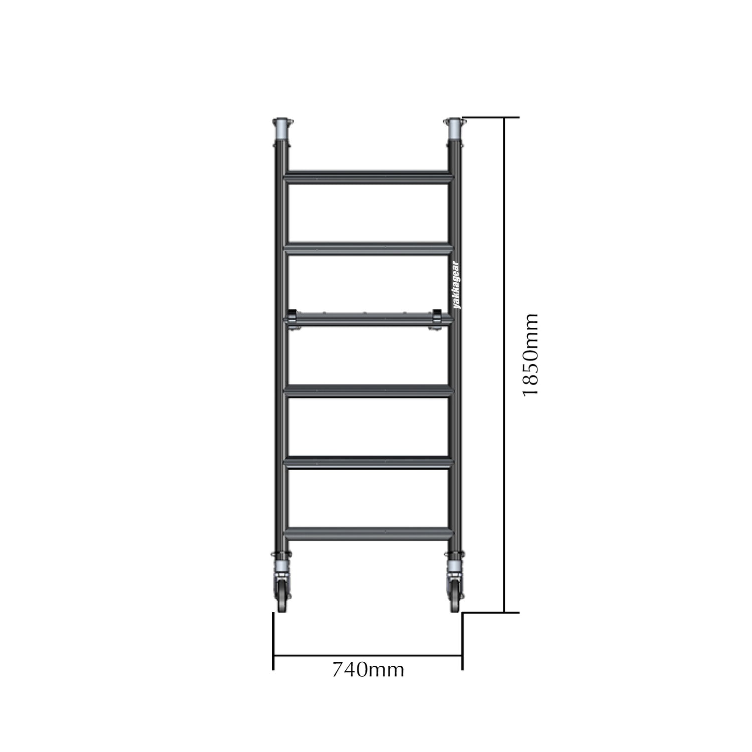Yakka Gear Australia Frames for 1.44m Length x 0.74m Width compact scaffolding tower as access equipment, with working platform heights ranging from 1.2m to 3.9m and reach between 3.25m to 6m, zoomed in detailed view of frames from the front angle with dimensions,