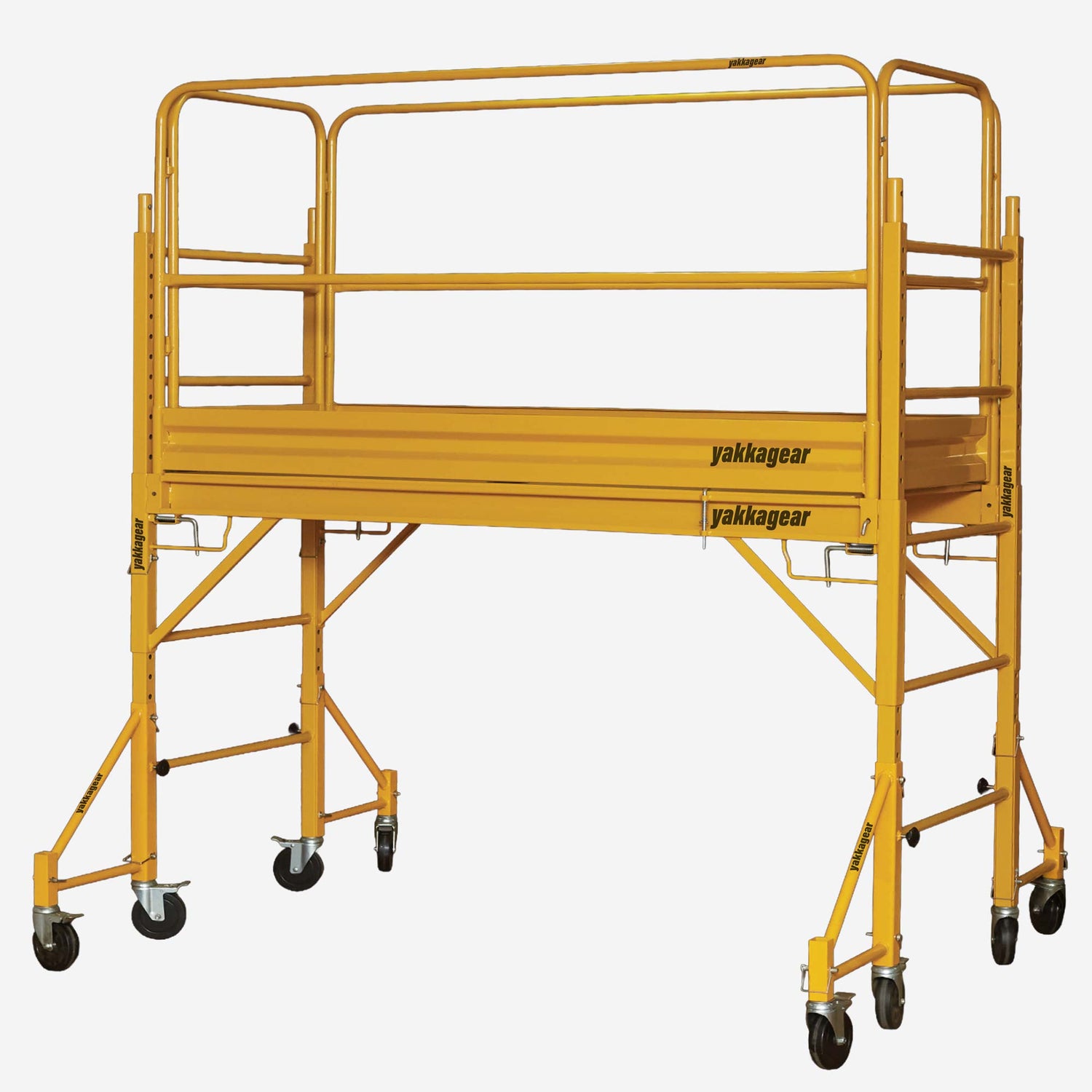 Rapid Mobile Scaffold complete system by Yakka Gear Australia on white background, 3.8m reach with 1.87m L x 0.73m W platform, 1.81m adjustable platform height, heavy-duty steel frame, guard rails, outriggers, and lockable castor wheels.