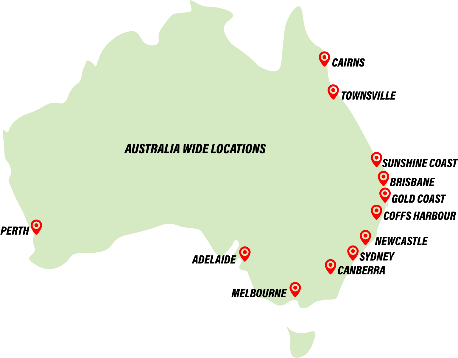 Yakka Gear Australia Map of warehouse locations throughout Australia including Brisbane, Gold Coast, Sunshine Coast, Melbourne, Sydney, Canberra, Newcastle, Adelaide, Coffs Harbour, Perth, Townsville, and Adelaide.