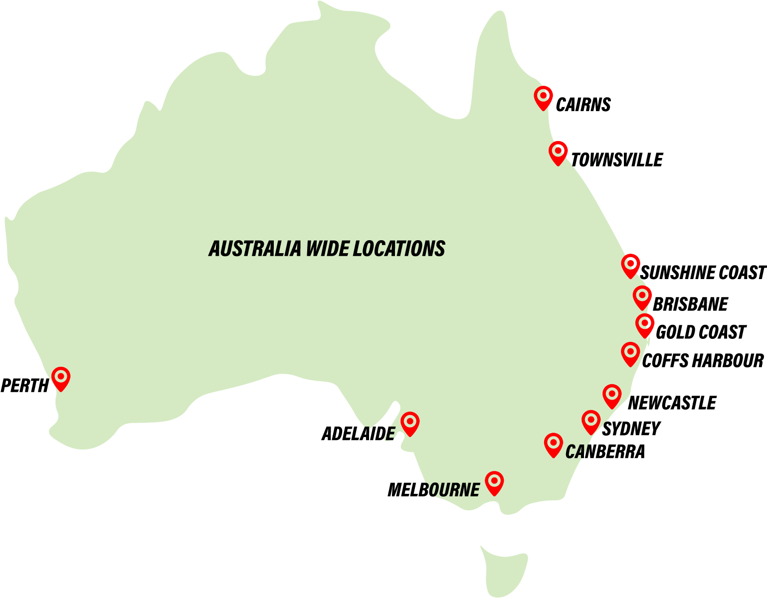 Yakka Gear Australia Map of warehouse locations throughout Australia including Brisbane, Gold Coast, Sunshine Coast, Melbourne, Sydney, Canberra, Newcastle, Adelaide, Coffs Harbour, Perth, Townsville, and Adelaide. 