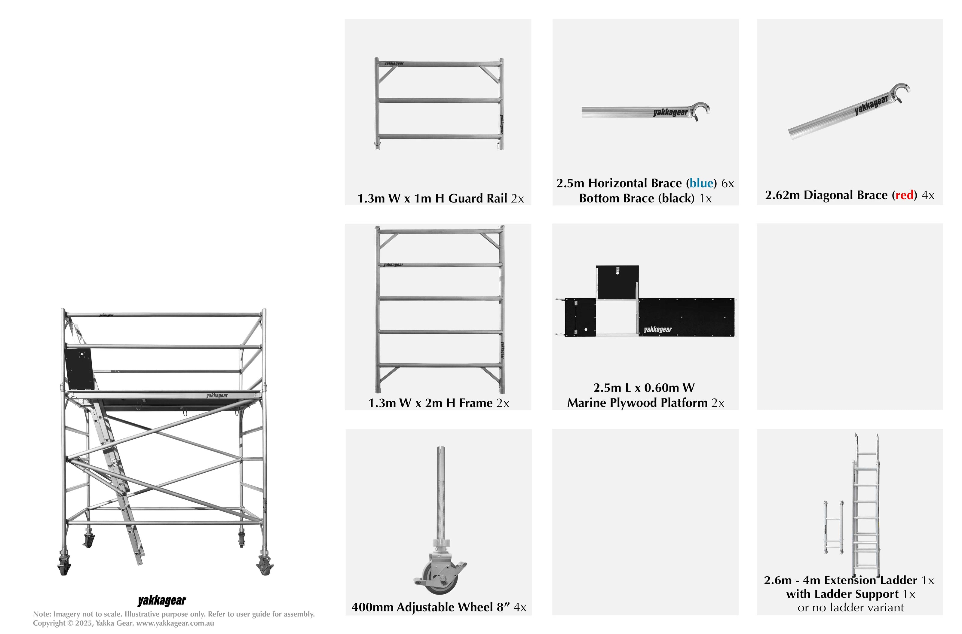 Yakka Gear Australia aluminium mobile scaffold tower with 4.6m reach, 2.6m platform height, 1.3m width, and 2.5m length. Components on display include scaffold frames, diagonal, horizontal, and bottom braces, guard rails, and 8-inch adjustable caster wheels—designed for safe and stable elevated work at moderate heights.