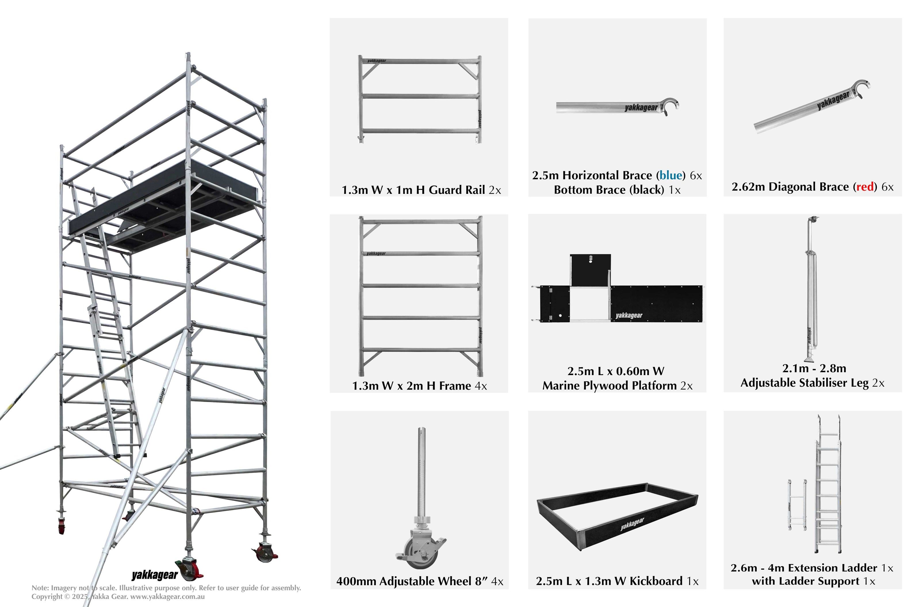 Yakka Gear Australia aluminium mobile scaffold tower with 6.6m reach, 0.74m width, and 2.5m length viewed from an angle. This single-level setup features one marine plywood platform and a single internal access ladder. Image displays all included components: scaffold frames, diagonal, horizontal, and bottom braces, guard rails, stabilisers, 8-inch adjustable caster wheels, and toe boards—configured for safe, compact elevated work access.