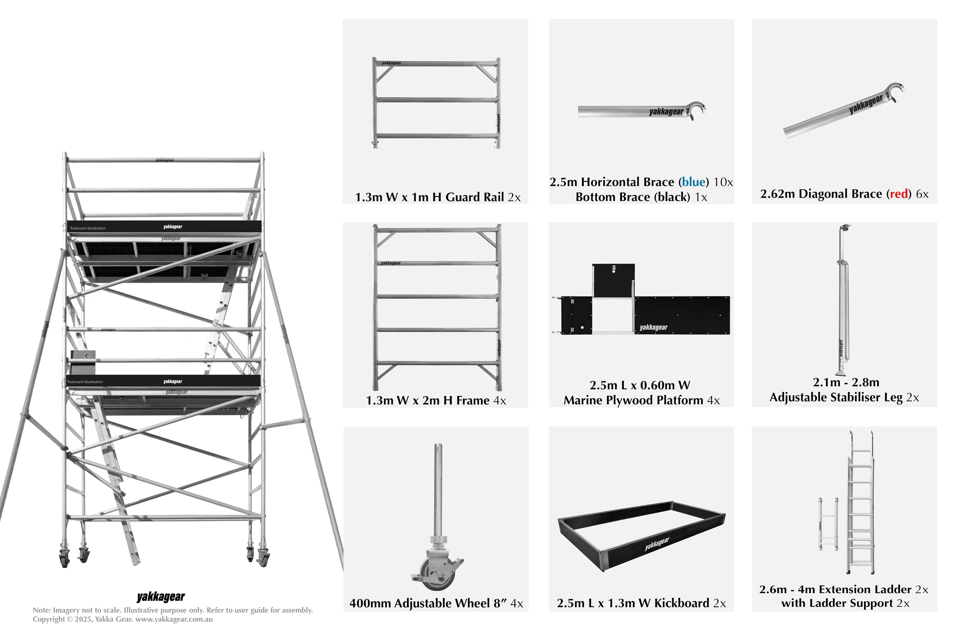 Yakka Gear Australia aluminium mobile scaffold tower with 6.6m reach, 0.74m width, and 2.5m length. This configuration includes two marine plywood platforms positioned at different levels and two internal access ladders for multi-level use. Image displays all included components: scaffold frames, diagonal, horizontal, and bottom braces, guard rails, stabilisers, 8-inch adjustable caster wheels, and toe boards—assembled for safe and efficient elevated work across multiple levels.