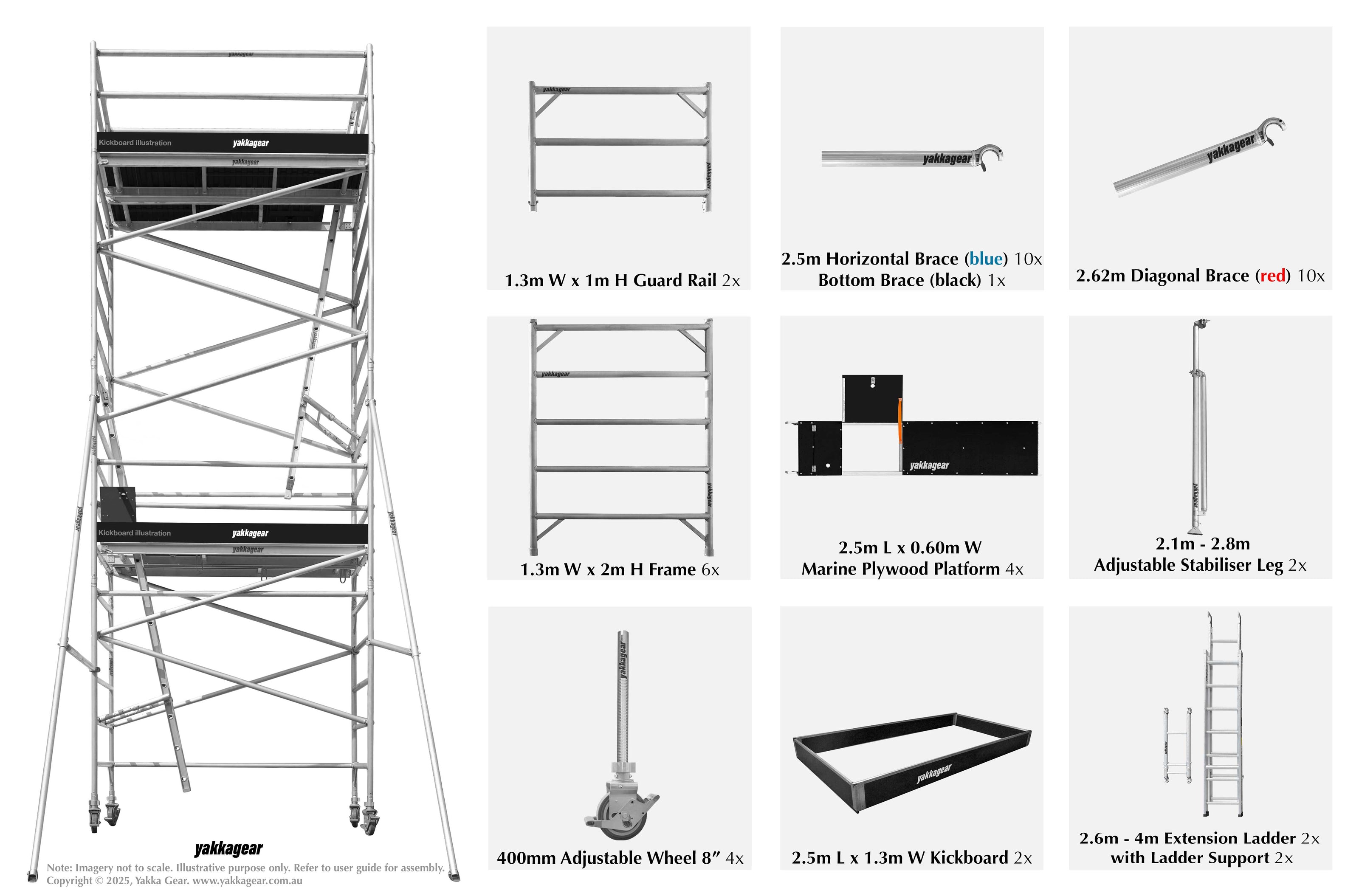 Yakka Gear Australia aluminium mobile scaffold tower with 8.6m reach, 6.6m platform height, 1.3m width, and 2.5m length. This double-platform configuration includes two marine plywood platform heights and two internal access ladders for safe, multi-level access. Image displays all key components: scaffold frames, diagonal, horizontal, and bottom braces, guard rails, stabilisers, 8-inch adjustable caster wheels, and toe boards—engineered for reliable high-access work on wider work sites.