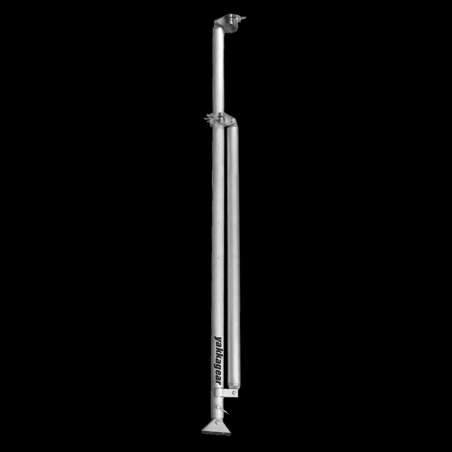 Yakka Gear Australia Stabiliser Legs for 2.5m Length 1.3m Wide 4.6m, 6.6m, and 8.6m reach wide scaffolding tower access equipment with working height of 2.6m, 4.6m, and 6.6m, detailed view of the stabiliser leg from the side before being extended, with black background. 