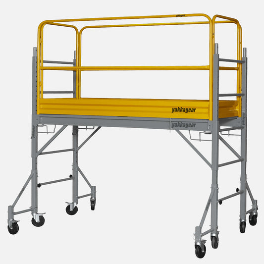 Rapid Scaffold Guard Rails by Yakka Gear Australia on white background, scaffold system greyed out to highlight heavy-duty steel guard rails installed at maximum height, providing added safety and fall protection for working platforms.
