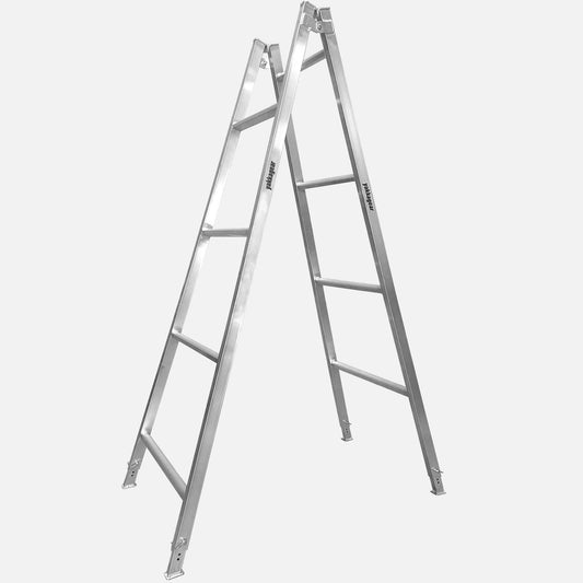 2.4m to 2.7m Adjustable Aluminium A-Frame Trestle Ladders from Yakka Gear, view from the side.