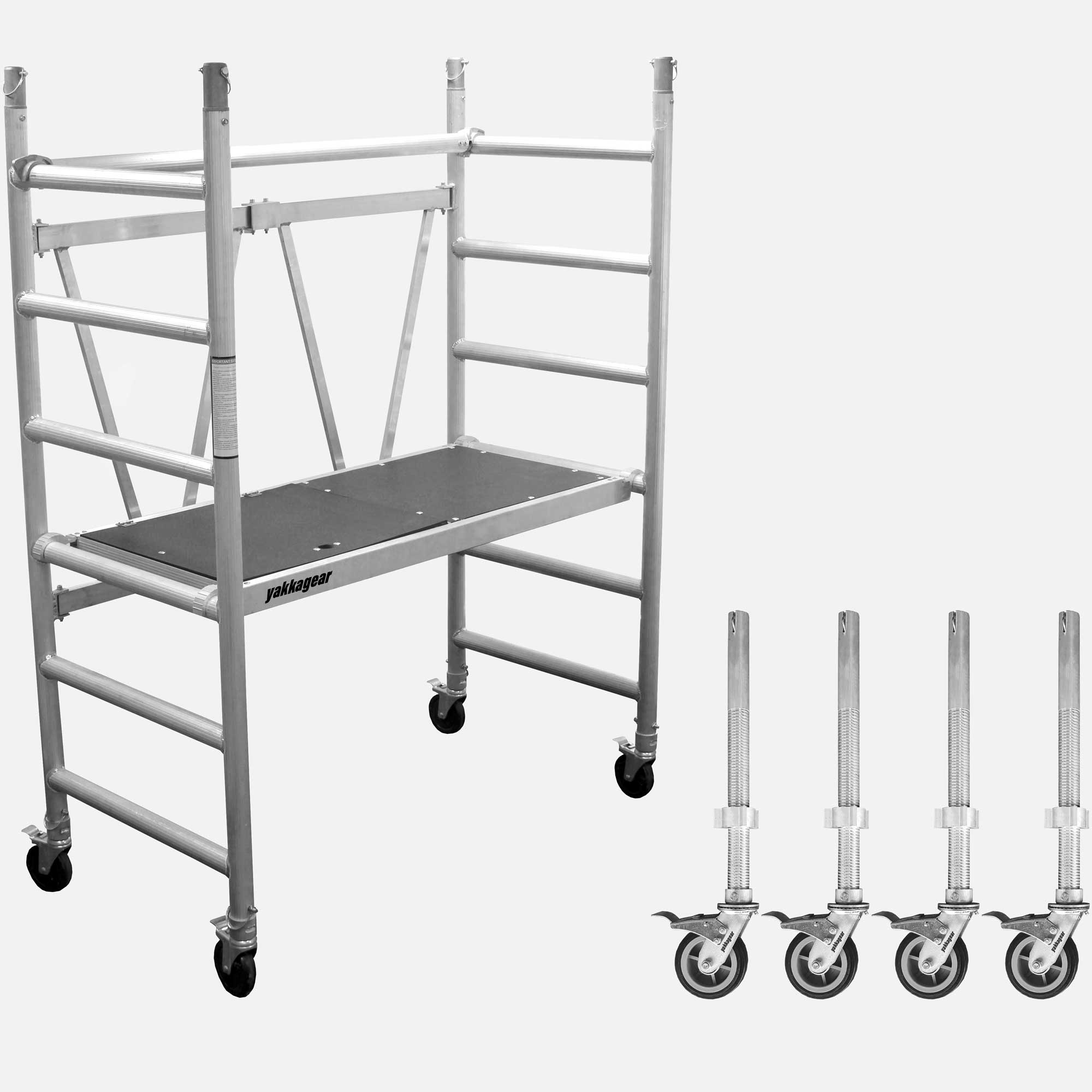 3.6m Reach (1.6m platform) Compact Mobile Scaffolding from Yakka Gear with adjustable wheels from side angle