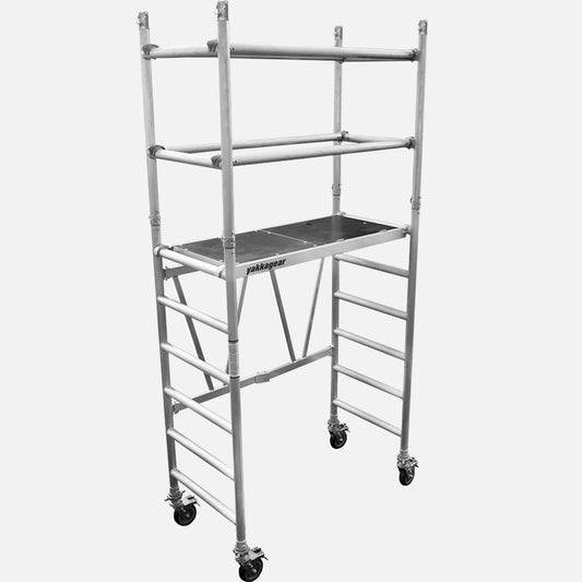 3.8m Reach (1.74m platform) Compact Mobile Scaffolding from Yakka Gear with extension toolkit view from the front side angle
