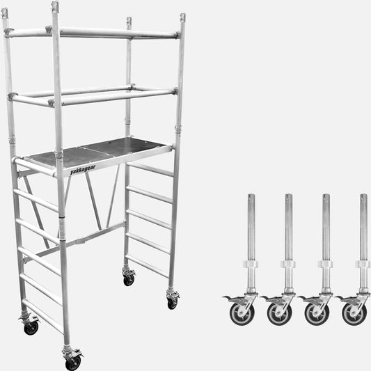 4.2m Reach (2.14m platform) Compact Mobile Scaffolding from Yakka Gear including the extension toolkit and adjustable wheels from front side angle