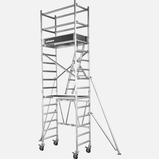 5.5m Reach (3.5m platform) Compact Mobile Scaffolding from Yakka Gear including the extension toolkit and tower toolkit, view from the front side angle