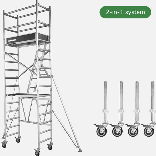 6.0m Reach (3.95m platform) 2-in-1 system Compact Mobile Scaffolding | Yakka Gear including the extension toolkit, tower toolkit from the front side angle